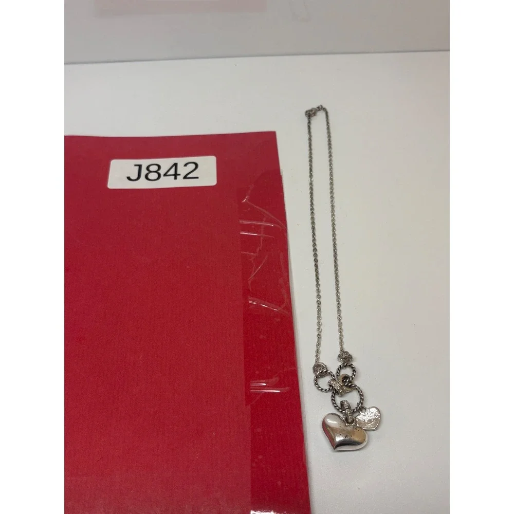 Silver Tone Double Heart Pendant Necklace Rhinestone Accents 18 Inch Chain